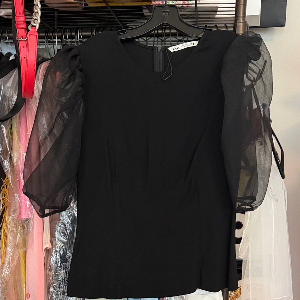 Zara Black Top with Sheer Sleeves